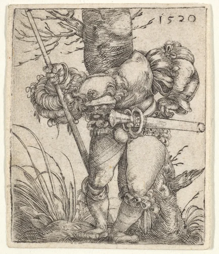 Bending Soldier Leaning against a Tree by Barthel Beham, print, 1520