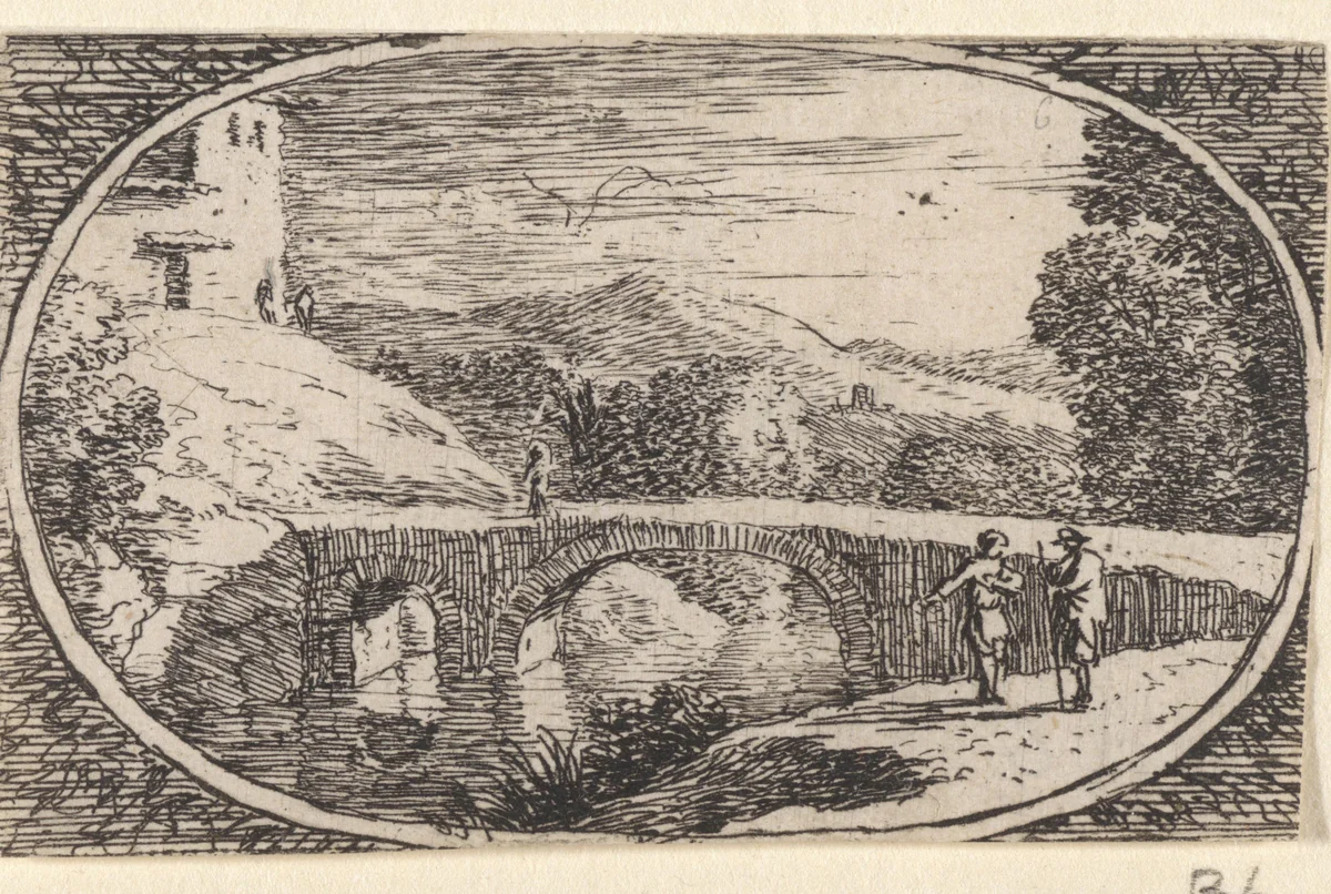 Wandelaars bij een stenen brug by Herman van Swanevelt, print, 1650-1655