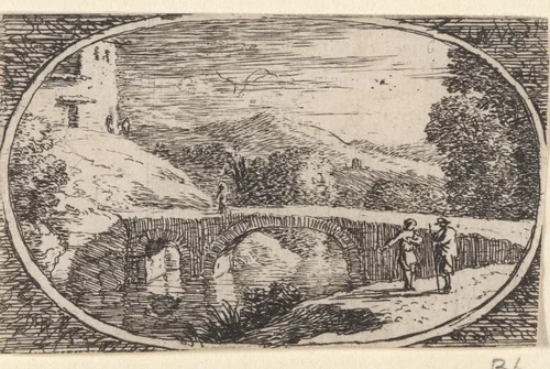 Wandelaars bij een stenen brug by Herman van Swanevelt, print, 1650-1655