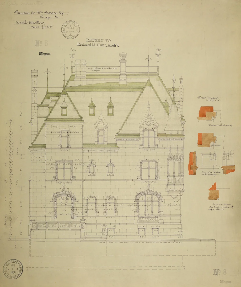 William Borden Residence, Chicago, Illinois, South Elevation by Richard Morris Hunt, drawing, 1886