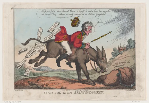 King Joe on his Spanish Donkey by Thomas Rowlandson, print, 1808