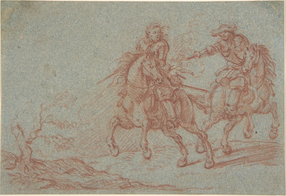 Two Fighting Horsemen by Pandolfo Lorenzo Hopfer, drawing, 1693