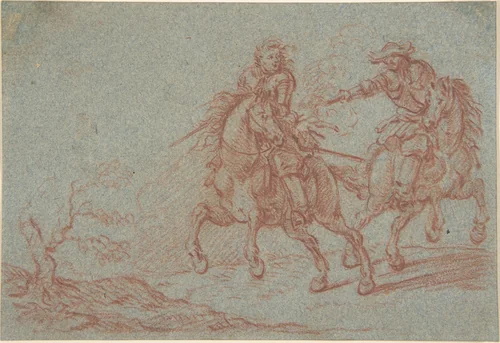 Two Fighting Horsemen by Pandolfo Lorenzo Hopfer, drawing, 1693