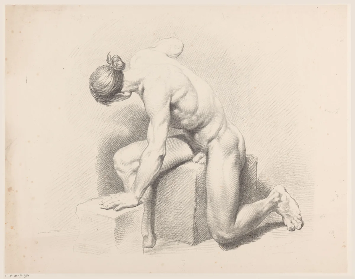 Zittende naakte man by Jean Augustin Daiwaille, print, 1820-1833