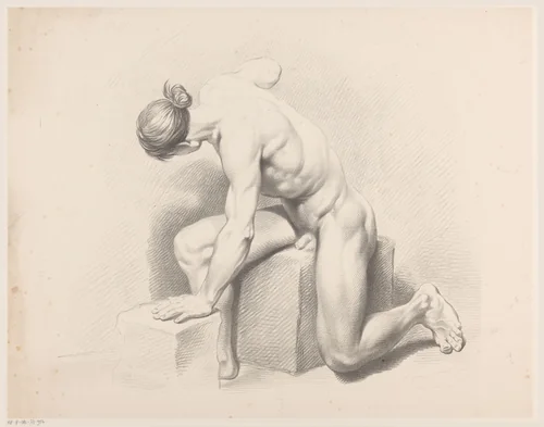 Zittende naakte man by Jean Augustin Daiwaille, print, 1820-1833
