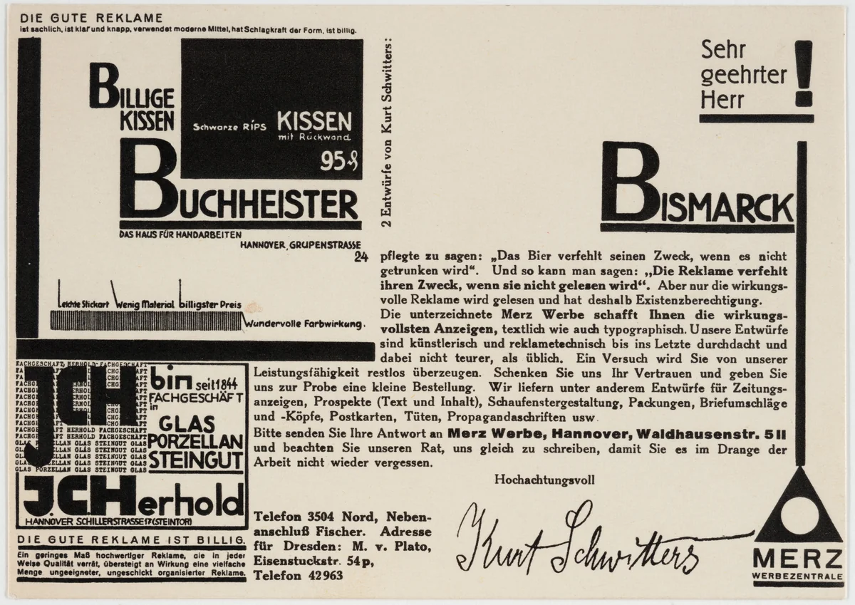 Advertisement for Schwitters' Hannover studio by Kurt Schwitters, design, 1926