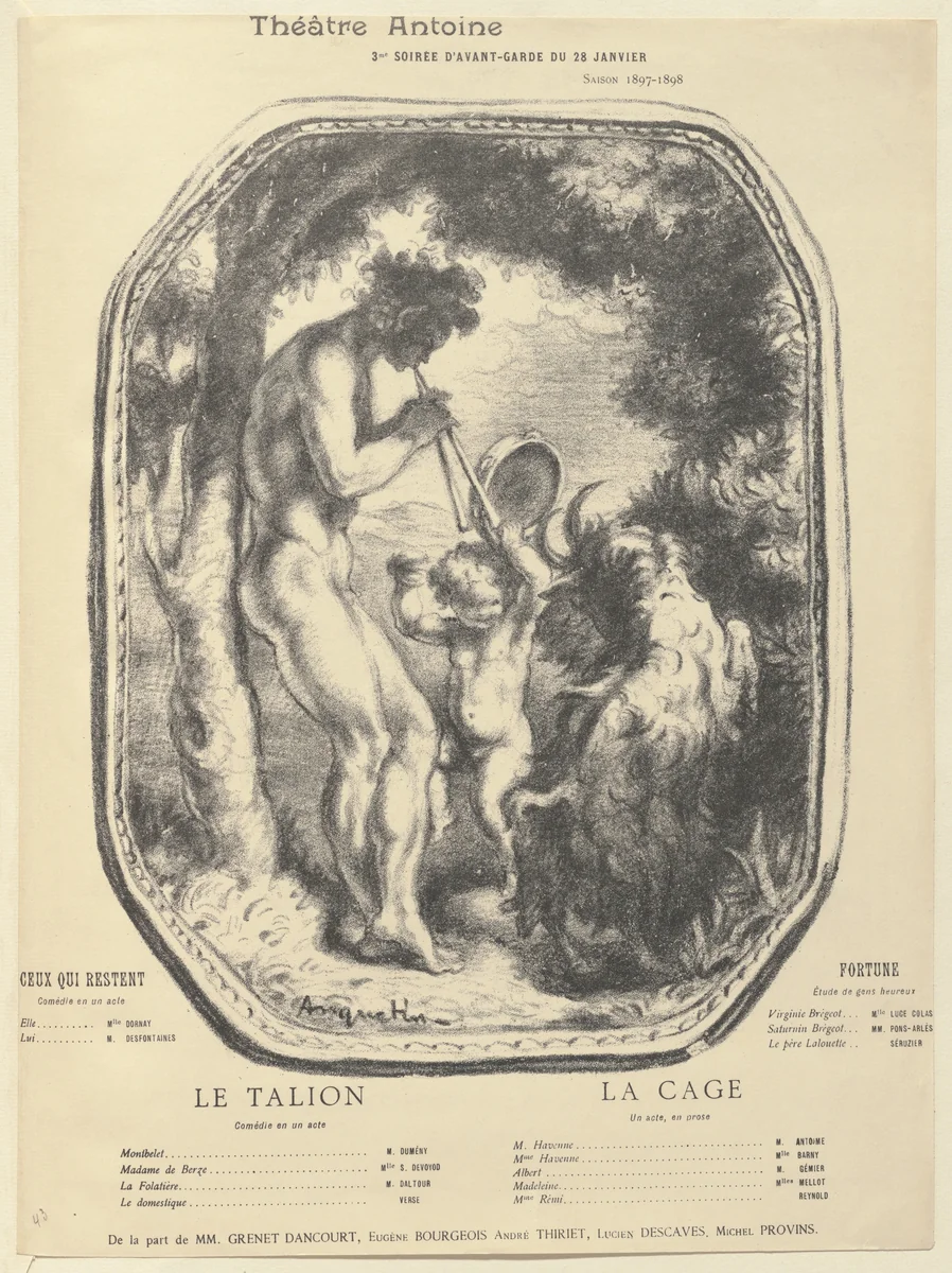 Program for The Retaliation (Le Talion), The Cage (La Cage), Those who Remain (Ceux qui restent), and Fortune from The Beraldi Album of Theatre Programs by Louis Anquetin, print, 1898
