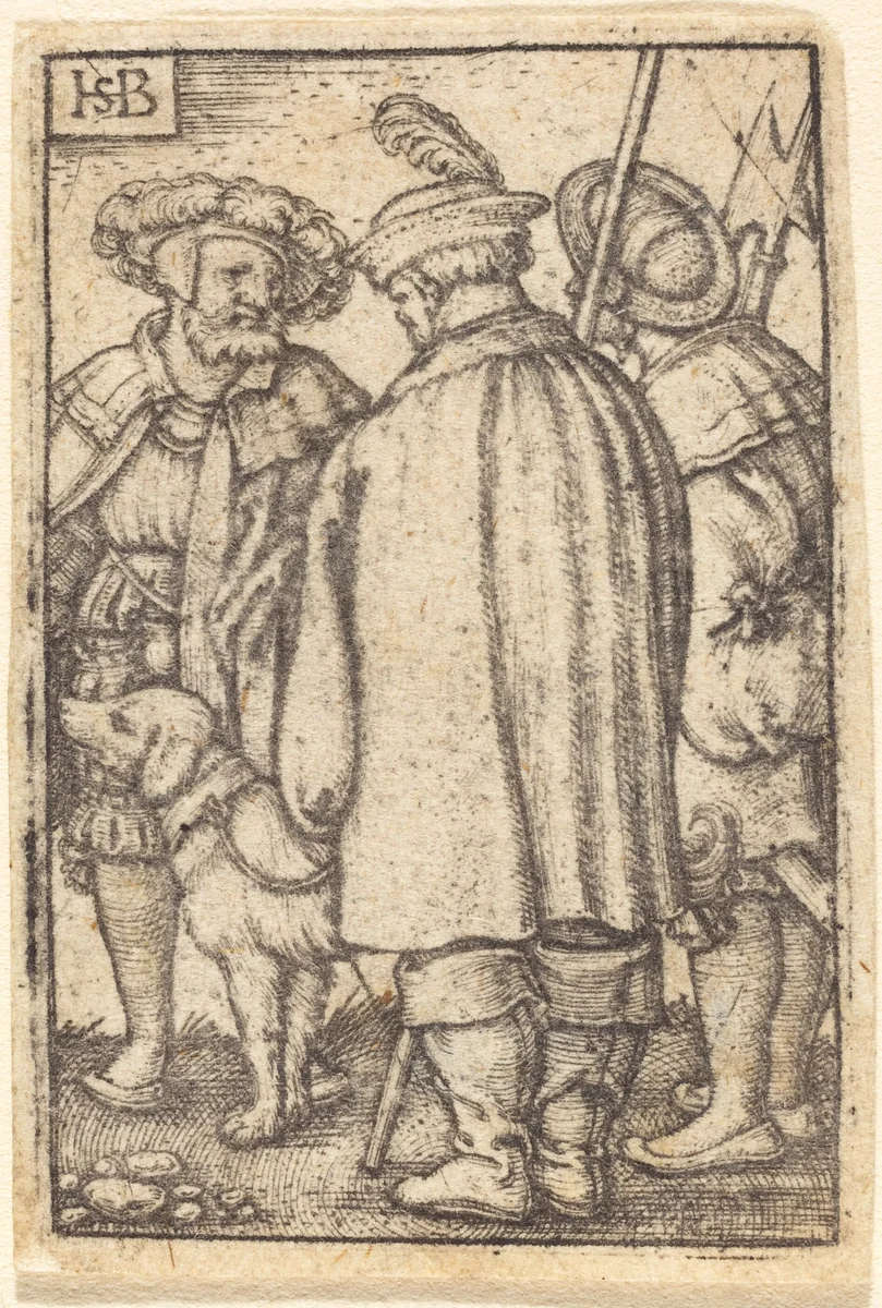 Three Soldiers and a Dog by Sebald Beham, print, 1540-1549