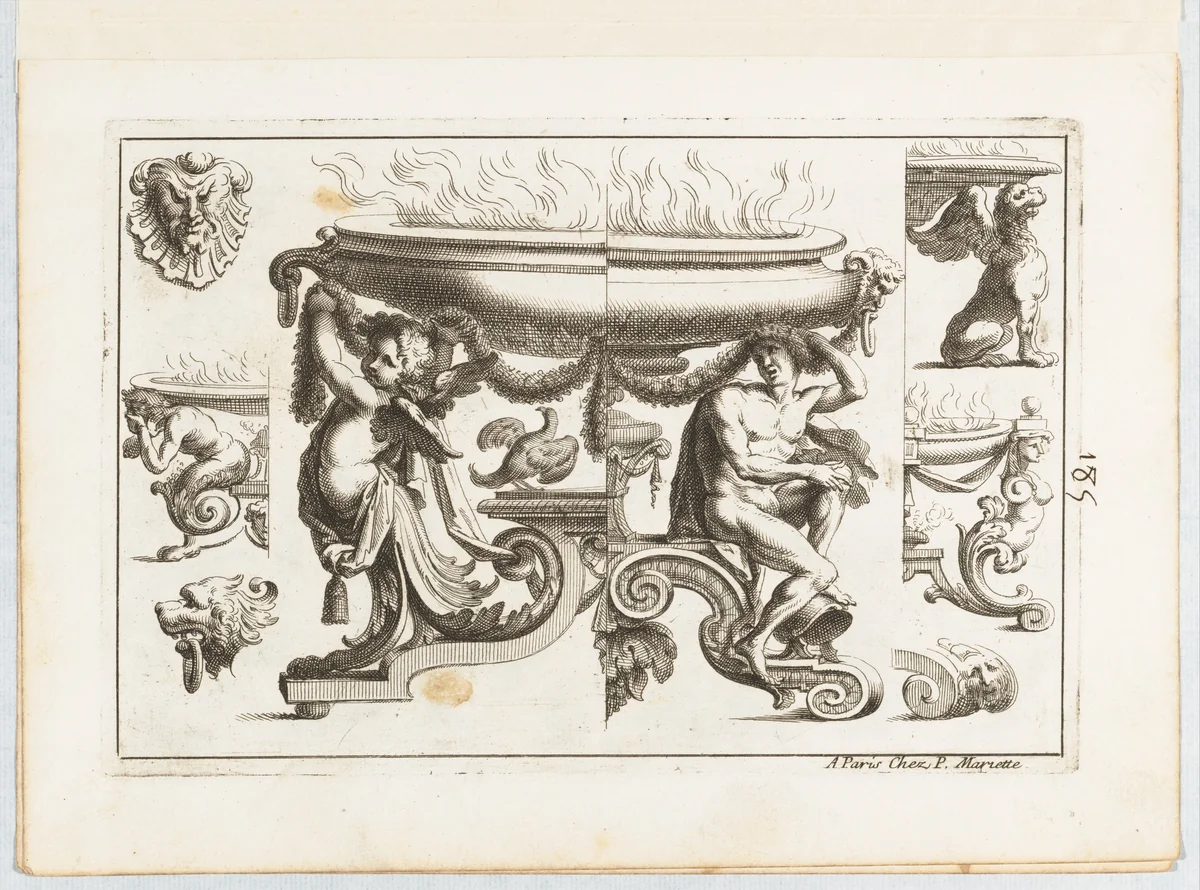 Plate 5, from "Desseins de Brasiers dont les Ornements peuuent Seruir aux Cuuettes, Tables, et autres Ouurages d'Orfeurerie" by Alexis Loir, print, 1660-1713