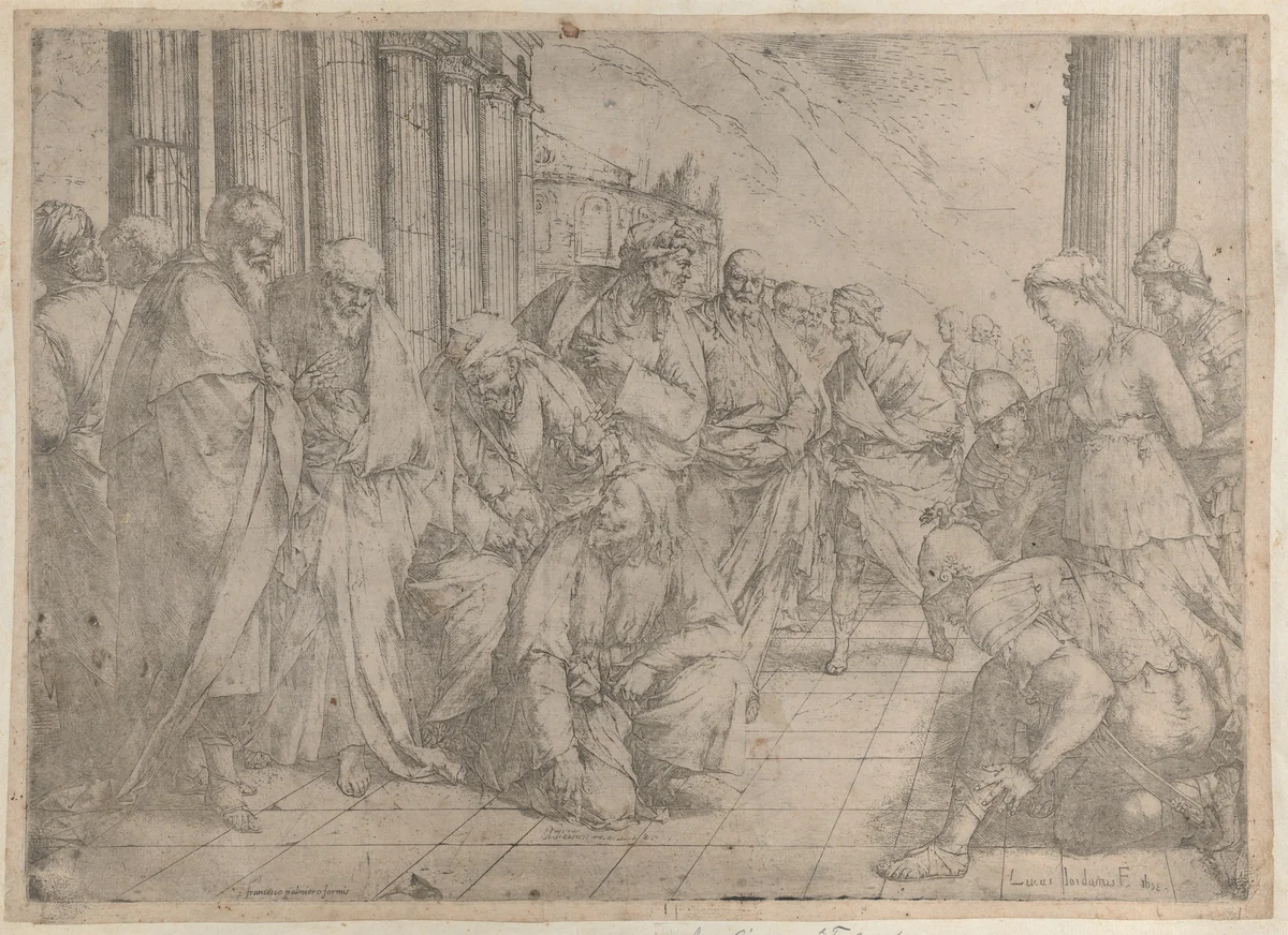Christ kneels and writes on the pavement at center, while the woman taken in adultery stands between three soldiers at right by Luca Giordano, print, 1653