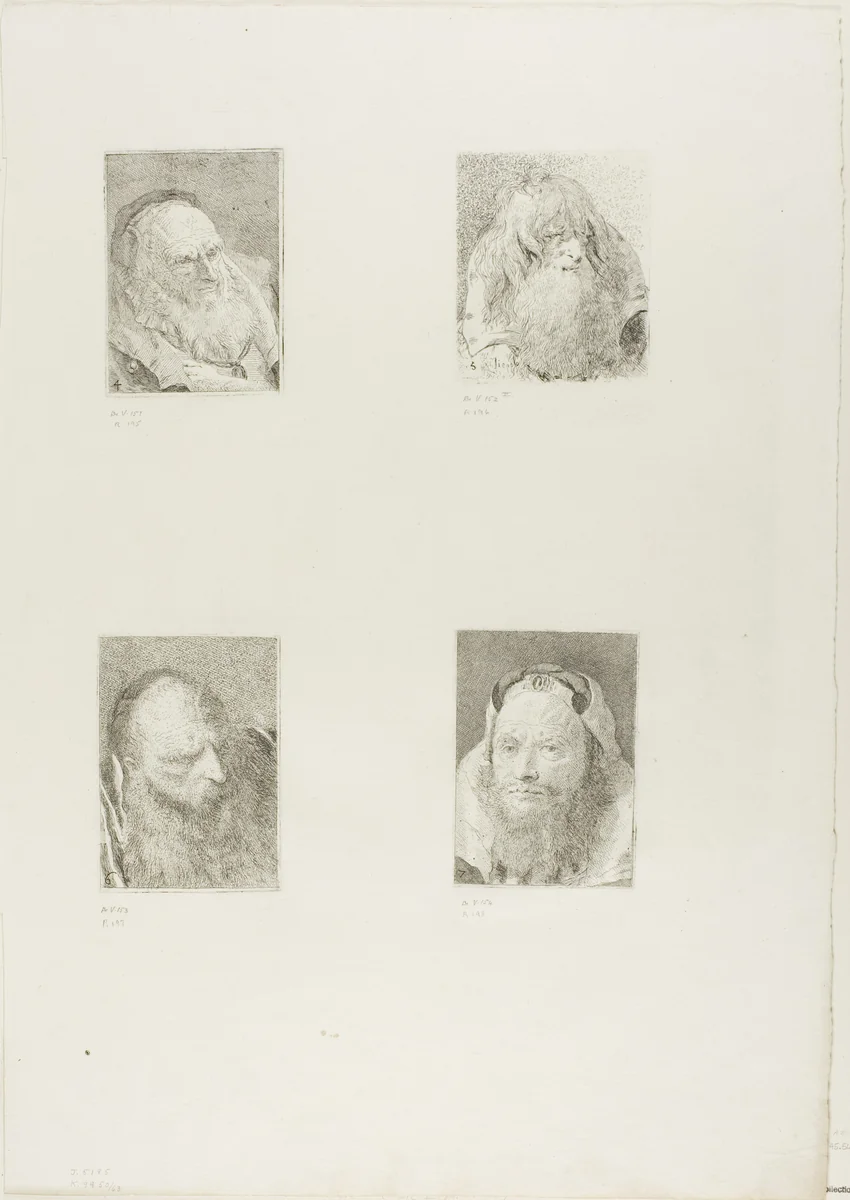 Old Man in Three Quarter View, Old Man with a Beard and Long Hair, Old Man with a Beard, and Old Man with a Beard by Giovanni Domenico Tiepolo, print, 1775