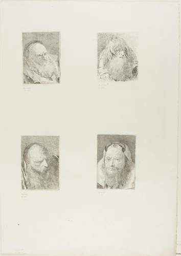 Old Man in Three Quarter View, Old Man with a Beard and Long Hair, Old Man with a Beard, and Old Man with a Beard by Giovanni Domenico Tiepolo, print, 1775