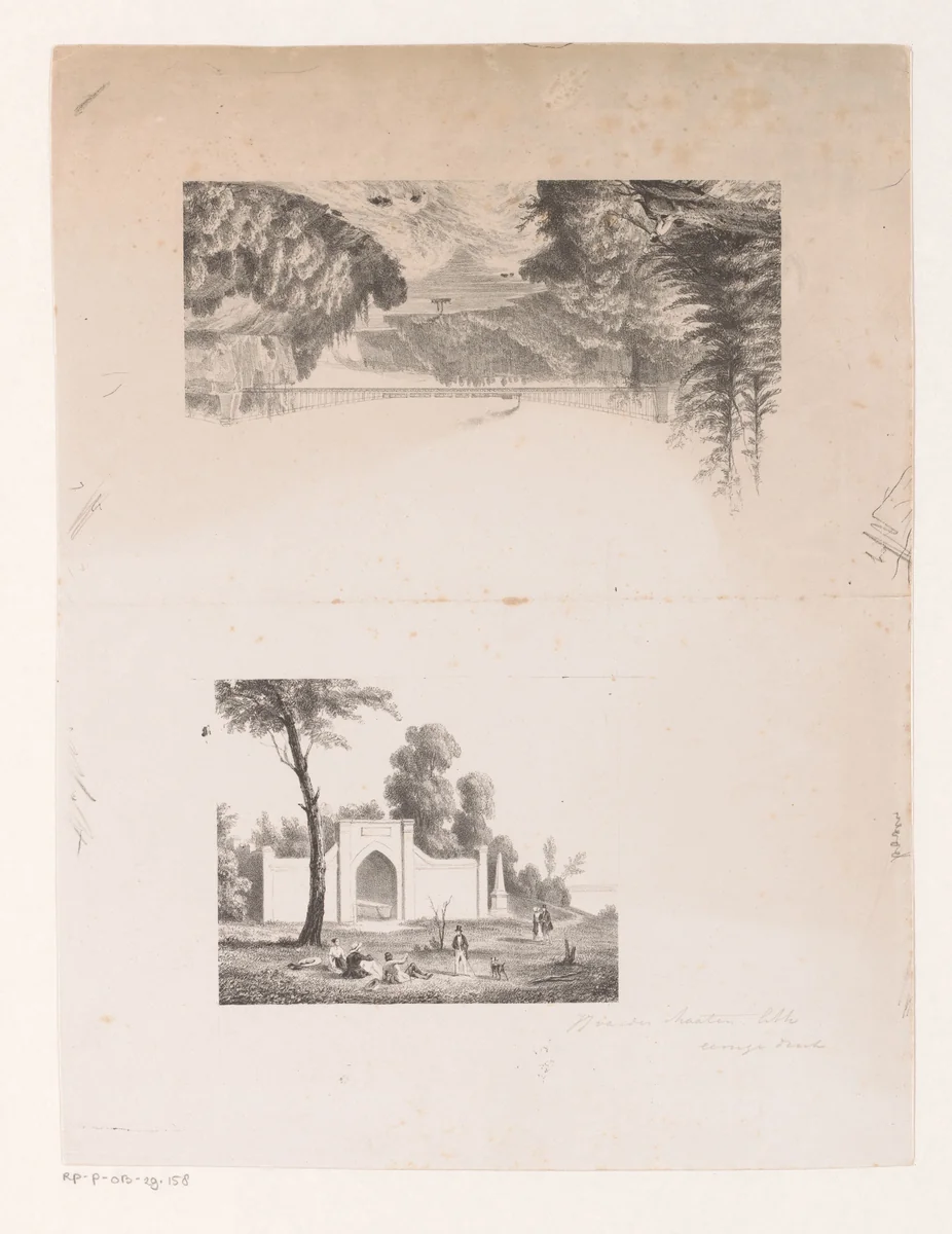 Spoorbrug met trein over een rivier en stadspark met figuren by Jacob Jan van der Maaten, print, 1830-1879