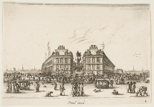 La Place Dauphine, on the coast of Pont Neuf, the equestrian statue of Louis XIII in center, seen from the back and numerous figures, plate 2 from "Various Figures" (Agréable diversité de figures) by Stefano della Bella, print, 1642