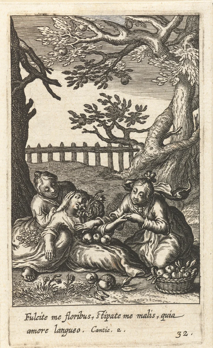 Twee vrouwen ontfermen zich over kind met vruchten en bloemen by Boëtius Adamsz. Bolswert, print, 1590-1624