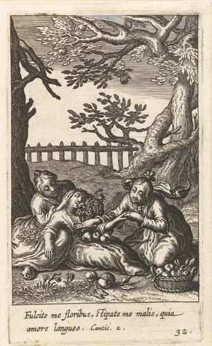 Twee vrouwen ontfermen zich over kind met vruchten en bloemen by Boëtius Adamsz. Bolswert, print, 1590-1624