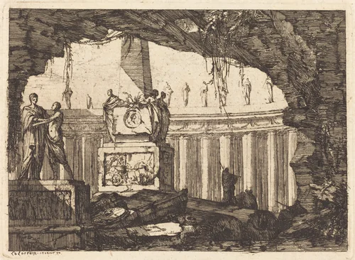 Architectural Fantasy with an Obelisk and Arcade by Louis Joseph le Lorrain, print, 1715-1759