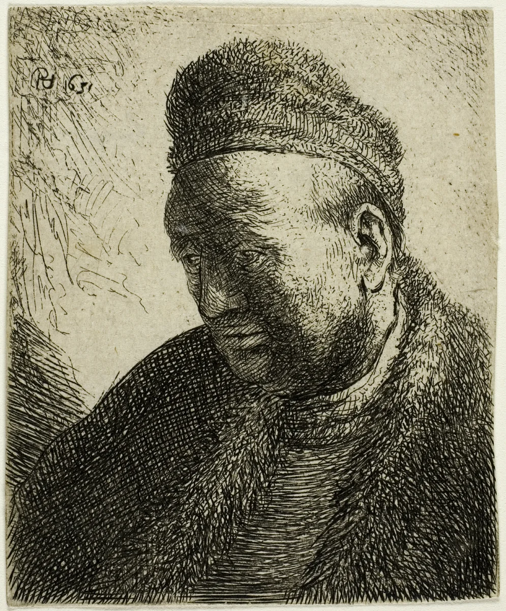 Beardless Man in a Fur Cloak and Cap: Bust by Rembrandt van Rijn, print, 1631