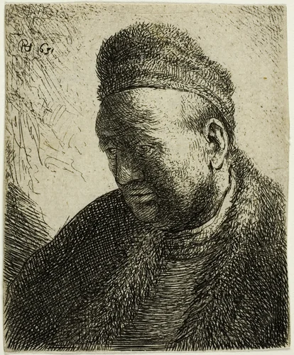 Beardless Man in a Fur Cloak and Cap: Bust by Rembrandt van Rijn, print, 1631