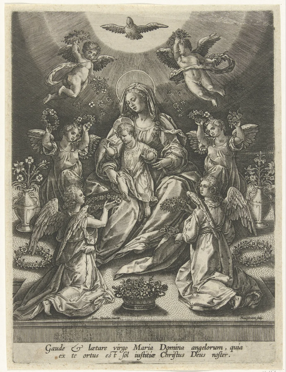 Madonna met kind omgeven door engelen by Unknown, print, 1575