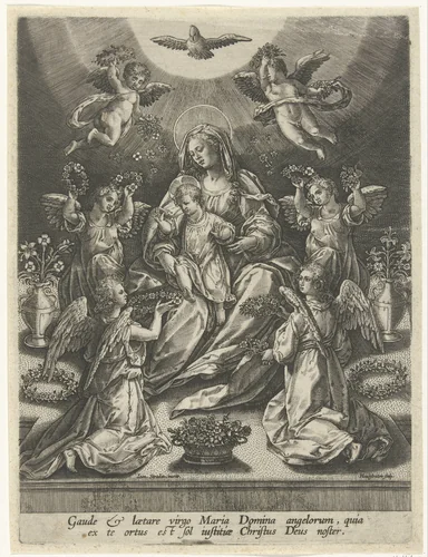 Madonna met kind omgeven door engelen by Unknown, print, 1575