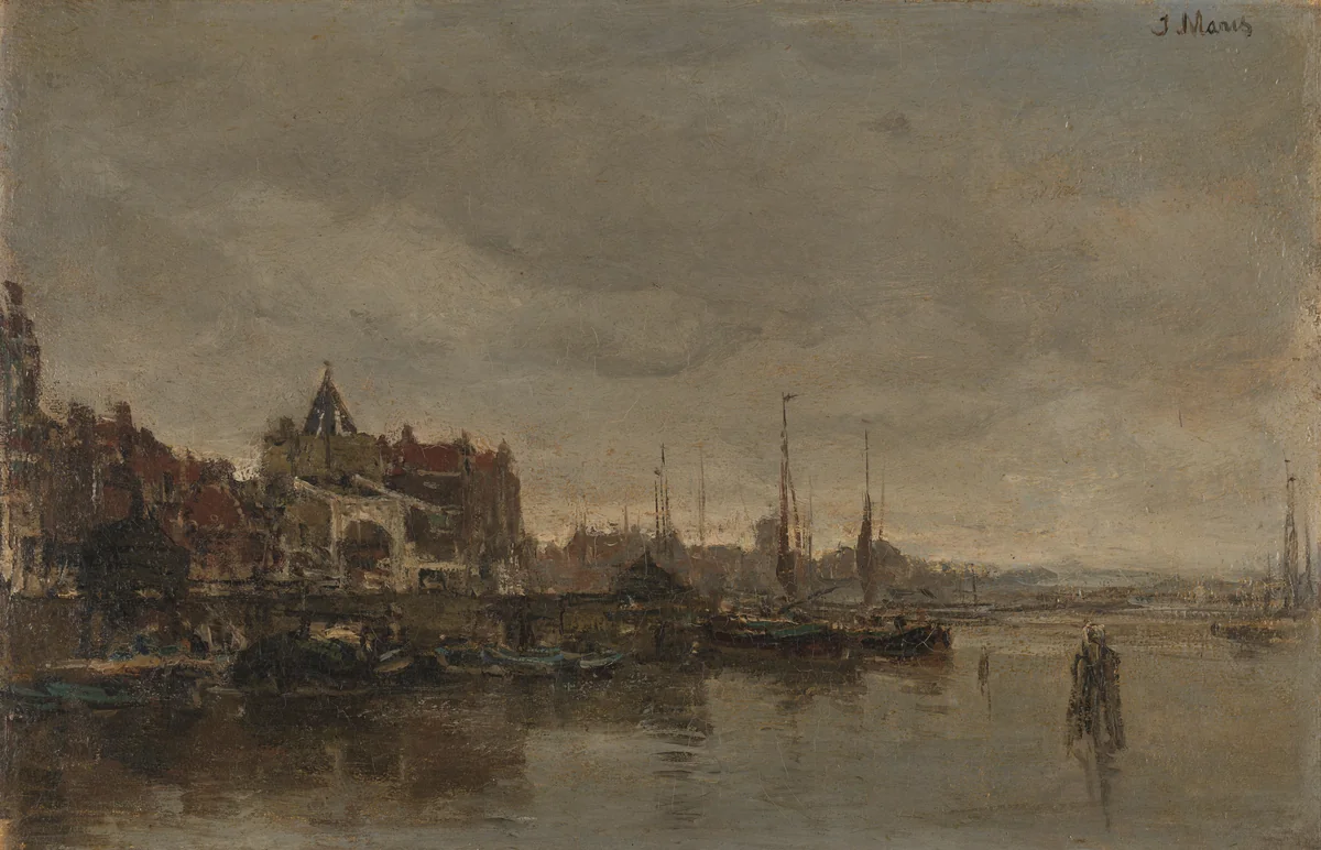 De Schreierstoren met de brug over de Gelderse Kade te Amsterdam by Jacob Maris, painting, 1872-1876