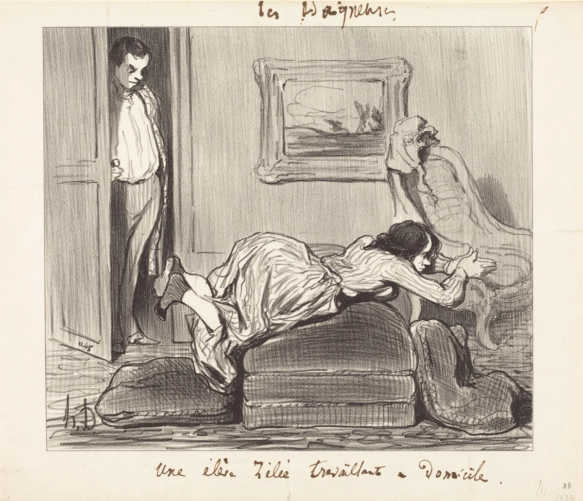 Une élè...zélée travaillant a domicile by Honoré Daumier, print, 1847