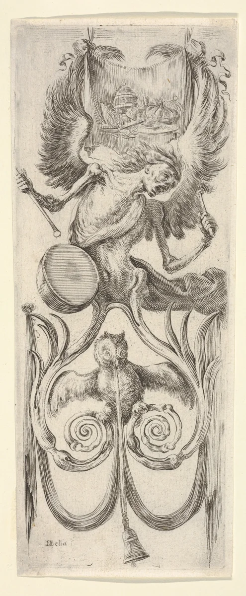 Death beating a drum above, an owl and a bell attached to a ribbon below, from "Ornaments or Grotesques" (Ornamenti o Grottesche) by Stefano della Bella, print, 1650-1656