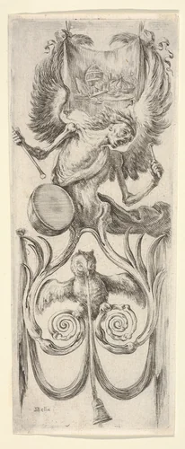 Death beating a drum above, an owl and a bell attached to a ribbon below, from "Ornaments or Grotesques" (Ornamenti o Grottesche) by Stefano della Bella, print, 1650-1656