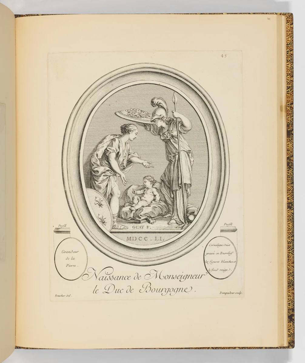 Naissance de Monsieur le Duc de Bourgogne (The Birth of Monsieur le Duc de Bourgogne), from Suite d'estampes gravées par madame la marquise de Pompadour d'après les pierres gravées de Guay, graveur du Roi by Madame la Marquise de Pompadour, print, 1751
