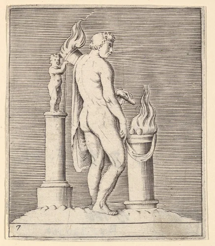 Man with Torch between Flaming Altar and Statuette, from "Ex Antiquis Cameorum et Gemmae Delineata/ Liber Secundus/et ab Enea Vico Parmen Incis" by anonymous, print, 1599-1622