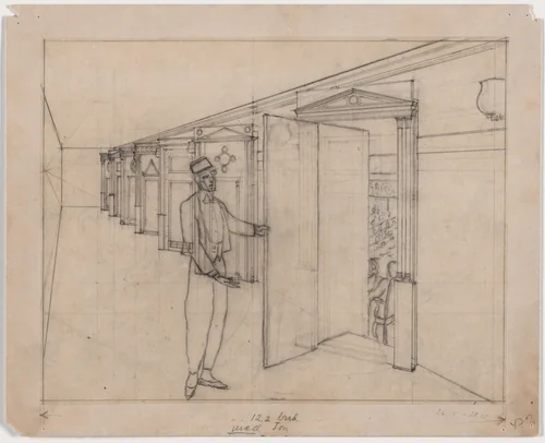 Skandia Cinema, Stockholm, Sweden, Perspective of promenade by Erik Gunnar Asplund, architecture