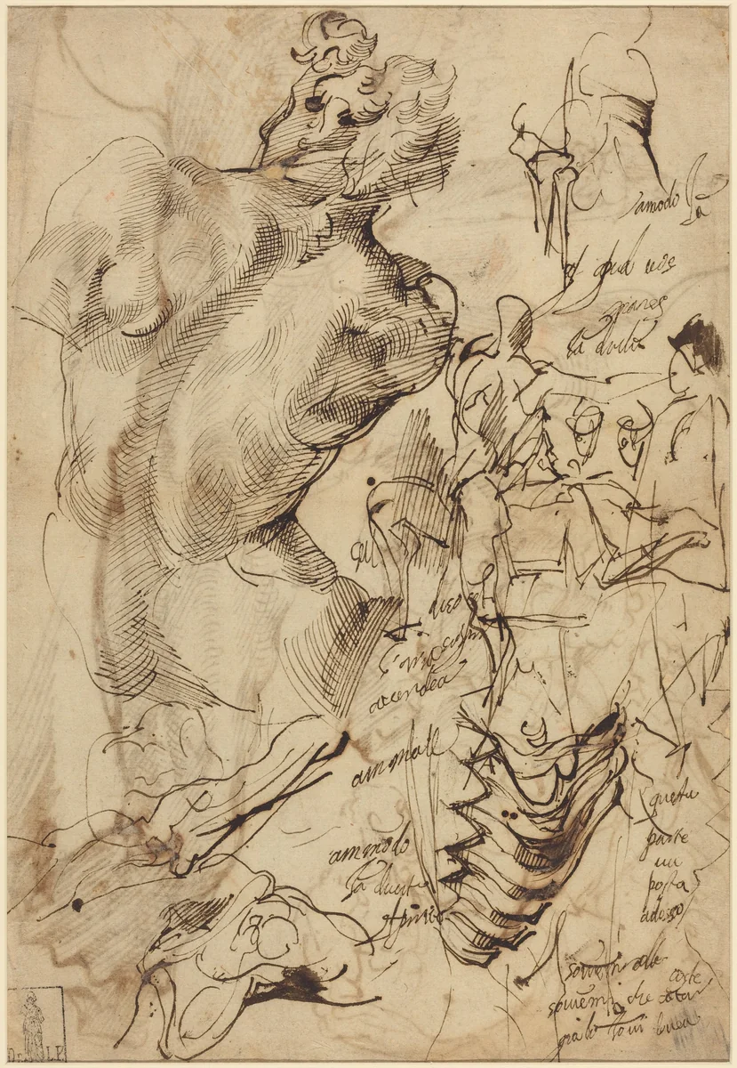 Studies of a Sculpture of a Male Nude, Vertebrae, and Gesturing Figures by Bartolomeo Passarotti, drawing, 1529-1592
