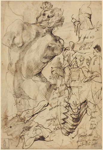 Studies of a Sculpture of a Male Nude, Vertebrae, and Gesturing Figures by Bartolomeo Passarotti, drawing, 1529-1592