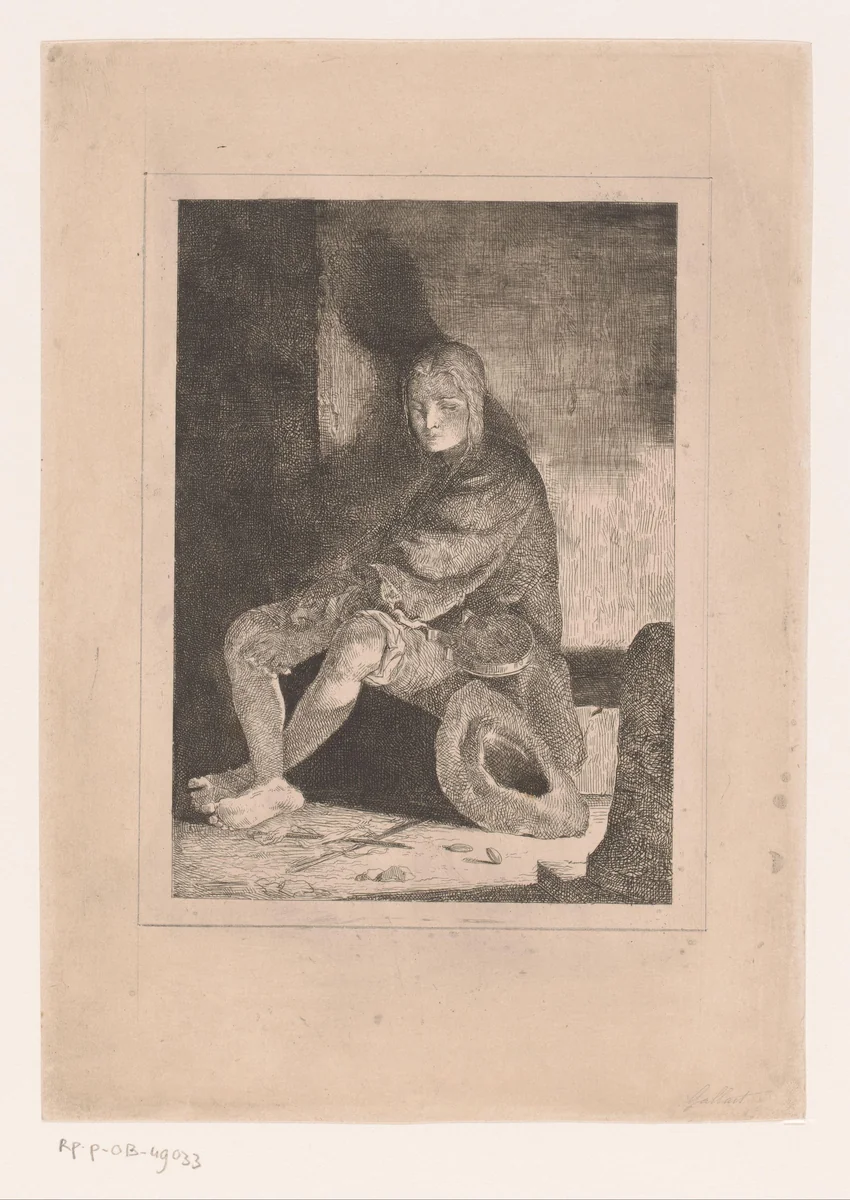 Jongeling met viool op schoot en de strijkstok gebroken op de grond by Louis Gallait, print, 1865