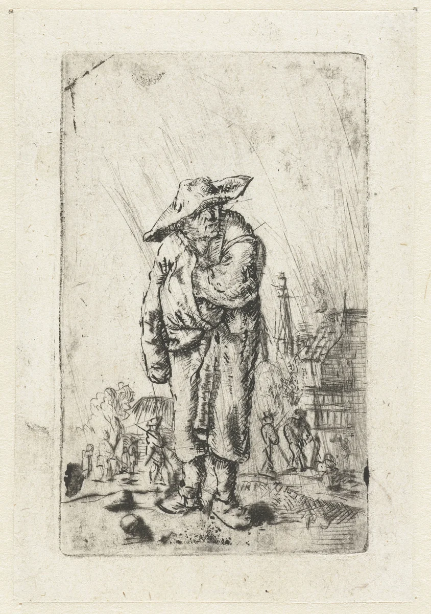 Staande boer met zijn hand in zijn mantel by anonymous, print, 1646-1745