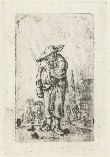 Staande boer met zijn hand in zijn mantel by anonymous, print, 1646-1745
