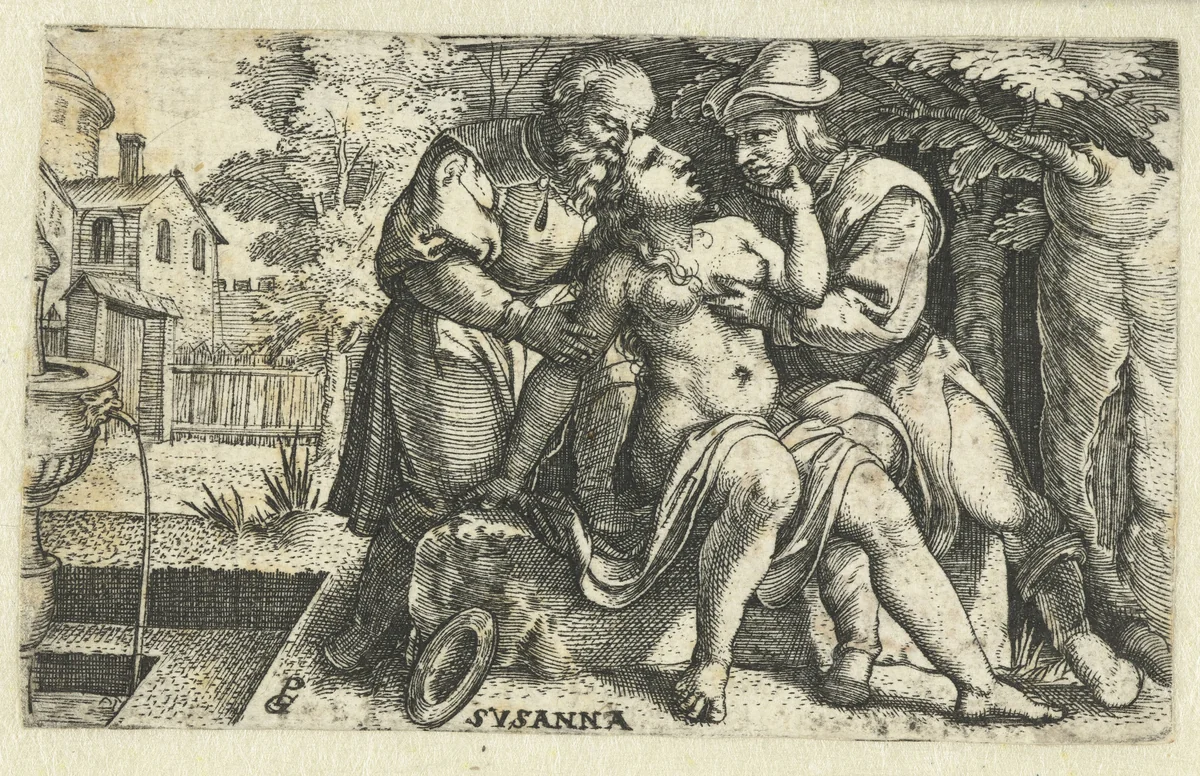 Susanna vastgepakt door twee oudsten by Unknown, print, 1530-1534