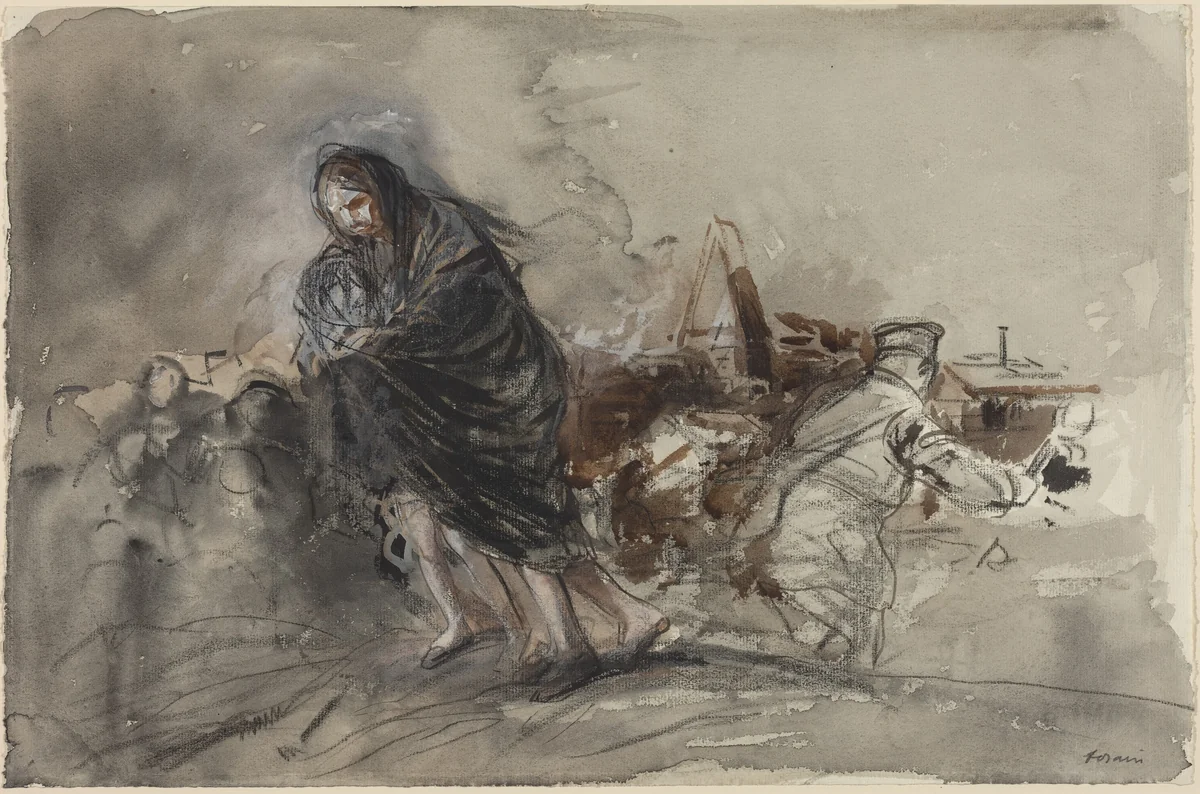 a) Après Douai (After Douai) (recto); b) Figure (verso) by Jean-Louis Forain, drawing, 1918