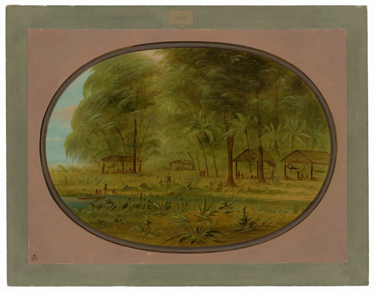 A Caribbe Village in Dutch Guiana by George Catlin, painting, 1854-1869