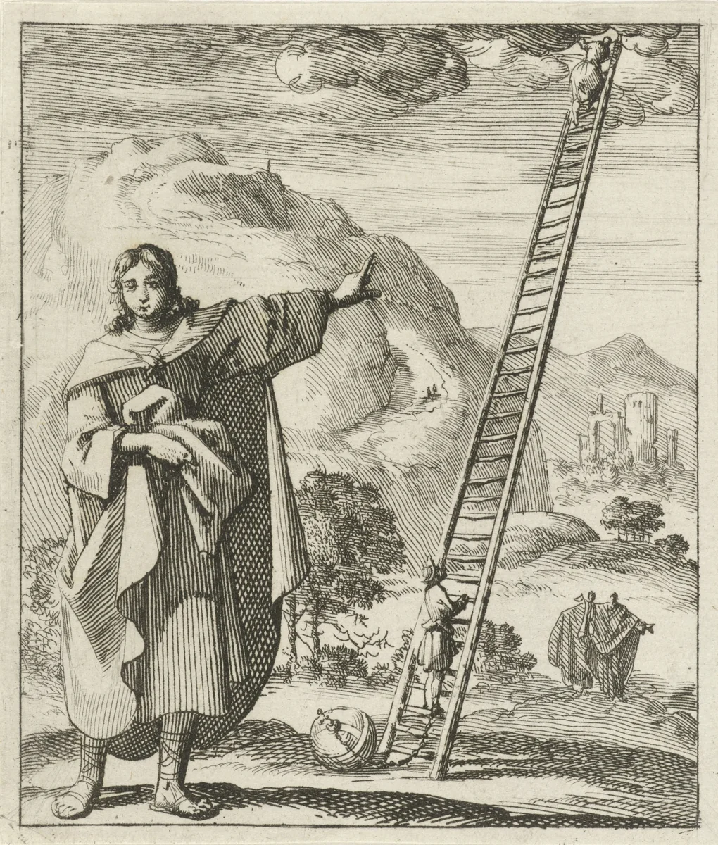 Man wijzend op een ladder die van de aarde naar de hemel reikt by Jan Luyken, print, 1689