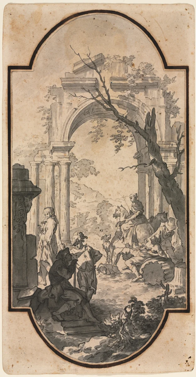 Triumphal Arch and Figures by Andrea Locatelli, drawing, 1700-1741