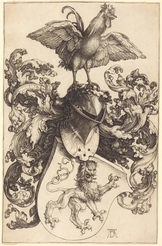 Coat of Arms with a Lion and a Cock by Albrecht Dürer, print, 1502-1503