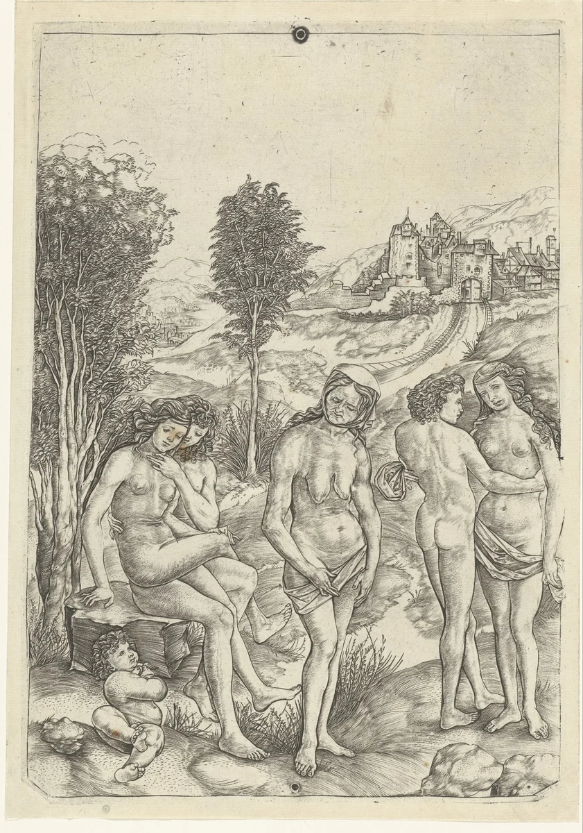 Oude vrouw en twee liefdesparen in landschap by Christoforo di Michele Robetta, print, 1480-1525