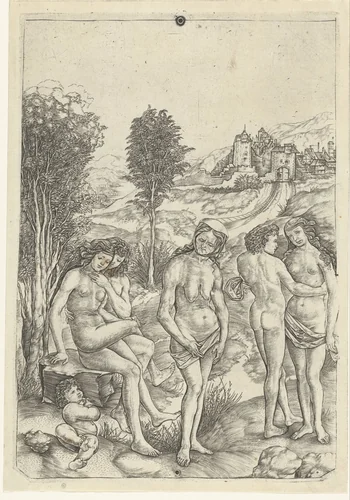 Oude vrouw en twee liefdesparen in landschap by Christoforo di Michele Robetta, print, 1480-1525