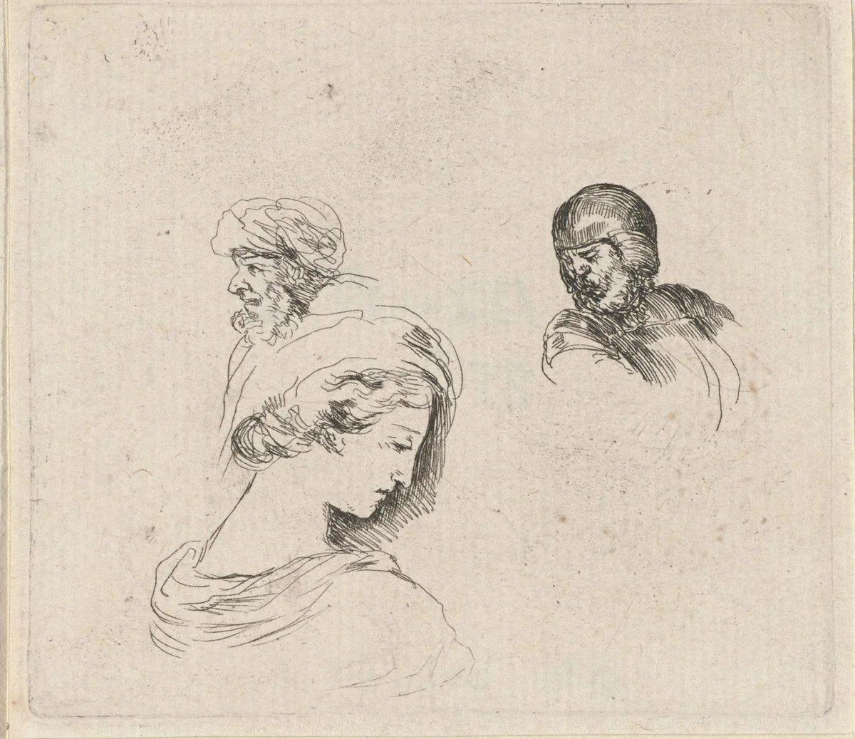 Hoofden van een vrouw, een oude man met baard en van een soldaat met helm by Stefano della Bella, print, 1620-1664