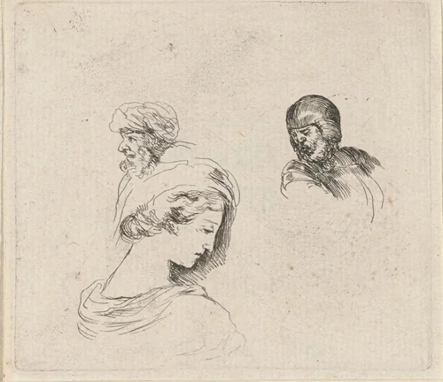 Hoofden van een vrouw, een oude man met baard en van een soldaat met helm by Stefano della Bella, print, 1620-1664