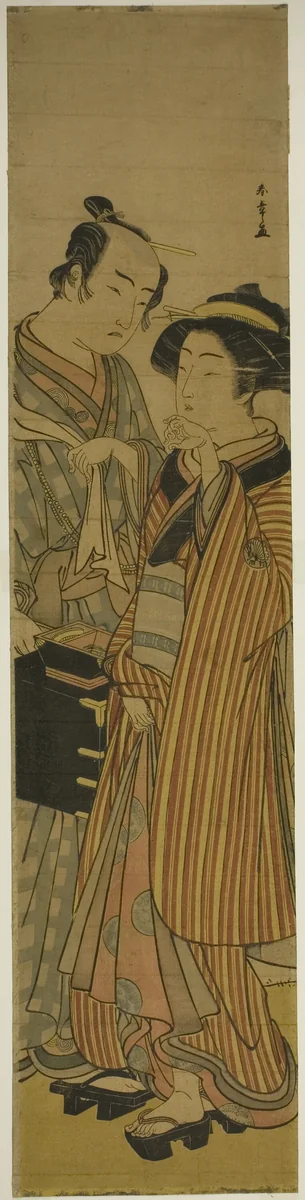 The Actors Segawa Kikunojo III as Okoma (right), and Arashi Sangoro III as the Hairdresser Obana Saizaburo (left), in the Play Koi Musume Mukashi Hachijo, Performed at the Nakamura Theater in the Third Month, 1776 by Katsukawa Shunsho (勝川 春章), print, 1771-1781