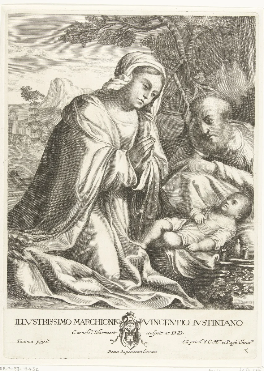 Maria aanbidt het Kind by anonymous, print, 1636-1637