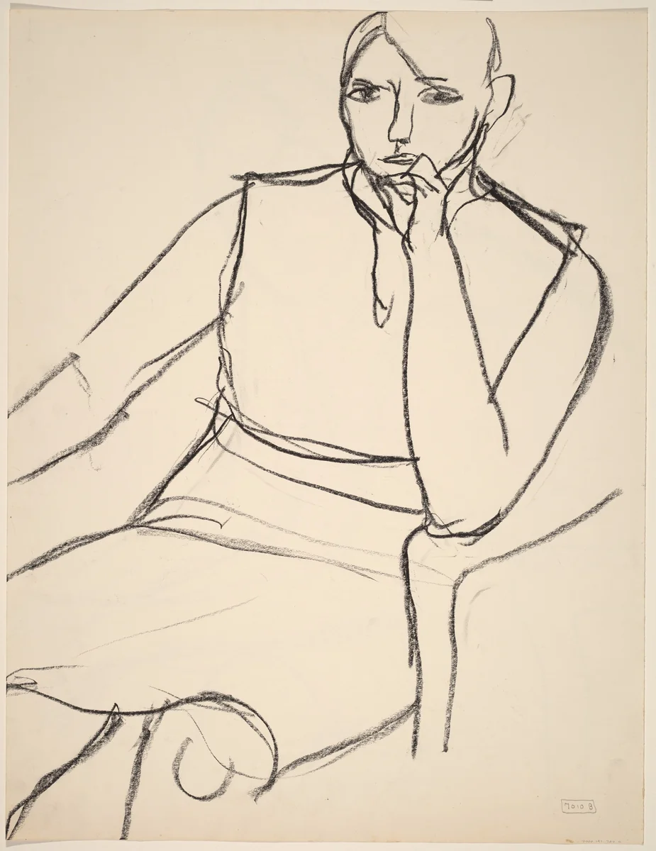 Untitled [seated model with her left hand to her mouth] [verso] by Richard Diebenkorn, drawing, 1955-1967
